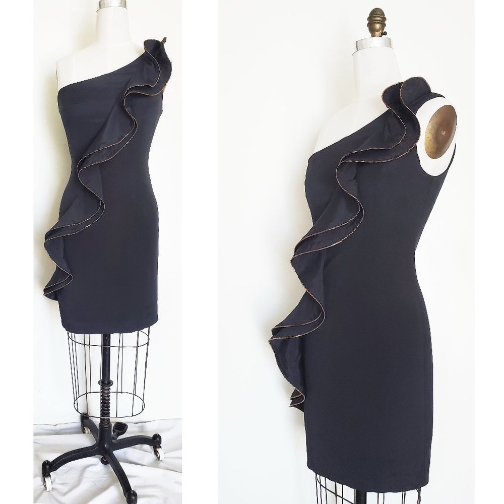 Betsy & Adam Womens Black Zipper Ruffle Trim One Shoulder Cocktail Party Dress